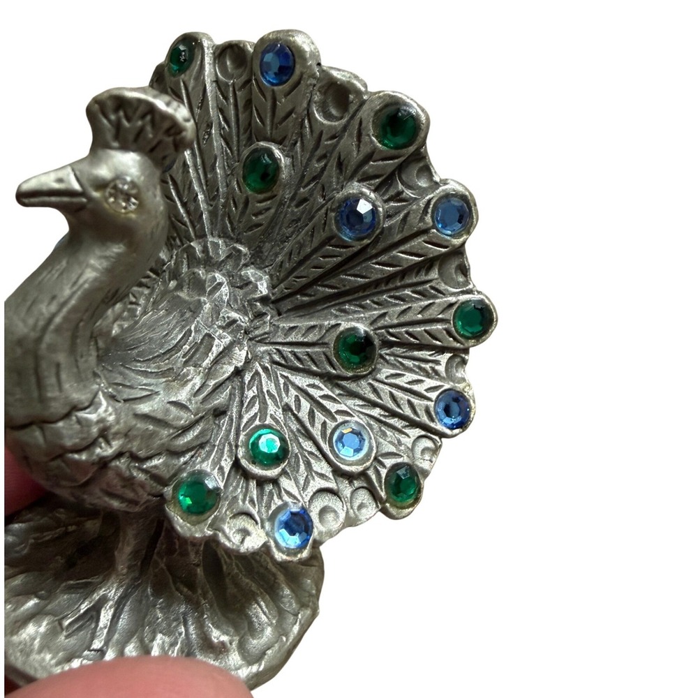 Vintage Pewter Peacock Figurine Miniature Blue Green Rhinestone Jewel Tail - Picture 8 of 13